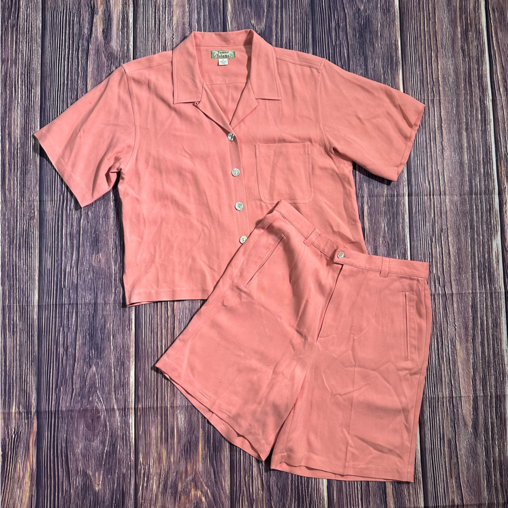 Women’s Salmon Pink Tommy Bahama‎ 100% Silk Bermuda Shorts and Button Down Set